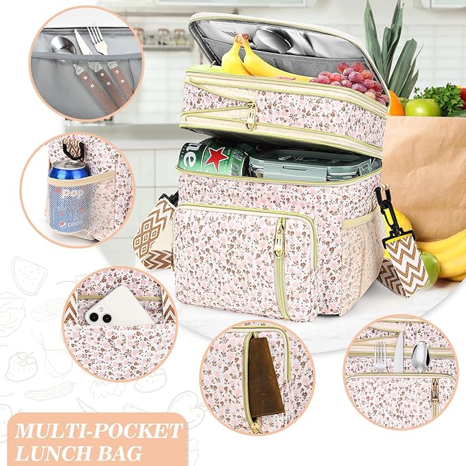 LOKASS Lunch Box for Women-16L-Insulated Lunch Bag Women, Expandable Double-layer Leakproof Cooler Bag with Upgrade Adjustable Shoulder Strap Ideal for Work/Travel/Picnics（White Flower）