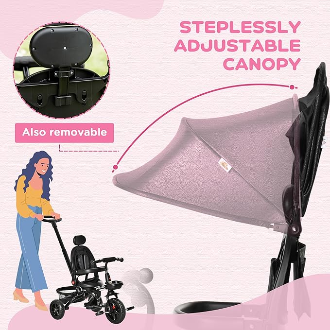 Qaba Kids Tricycle, 4 in 1 Foldable Trike with Reversible Seat, Adjustable Parent Handle, Safety Harness, Wheel Brakes, Removable Canopy, Storage, Tricycle for Toddlers 1-5 Years, Black