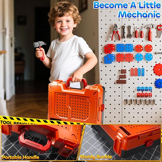 Kids Tools Toy Sets for Aged 3 4 5 6 7 8, 2 in 1 Workbench Toys for Toddlers 3-5, Pretend Play Toolbox, Construction Mechanic Set with Sound, Educational Birthday Gift for Boys Girls Ages 3-8