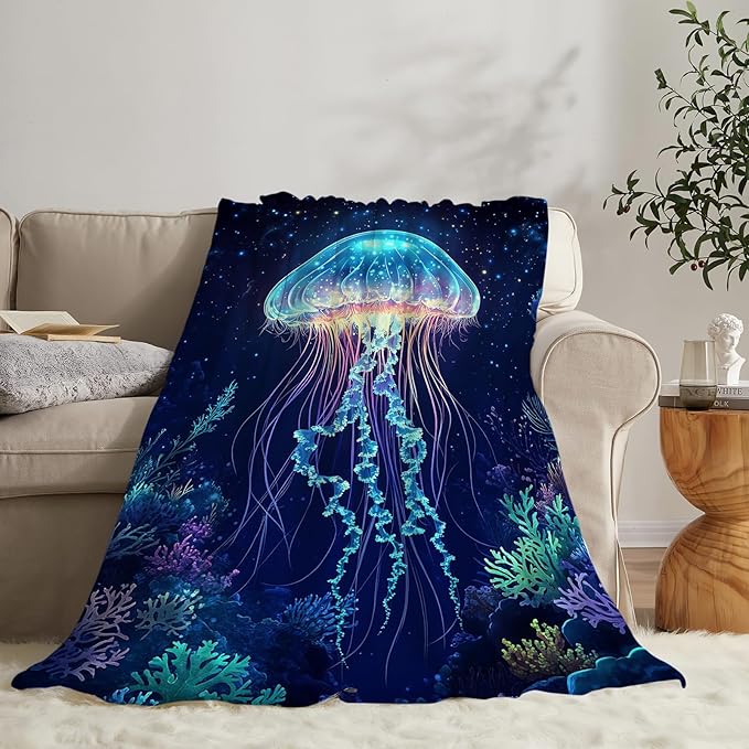 Jellyfish Blanket Jellyfish Gifts Coral Throw Blankets for Girls Boys Women Men Plush Cozy Flannel Fleece Fuzzy Party Blanket for Bed Couch Sofa 60"X50"
