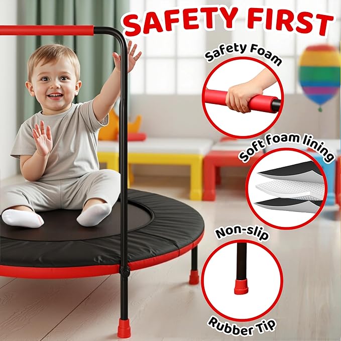 Happin® 36" Mini Foldable Toddler Trampoline for Kids with Height-Adjustable Handle, Noise-Free Kids Trampoline Indoor with Super Safety Pad & Durable Steel Frame, Indoor/Outdoor