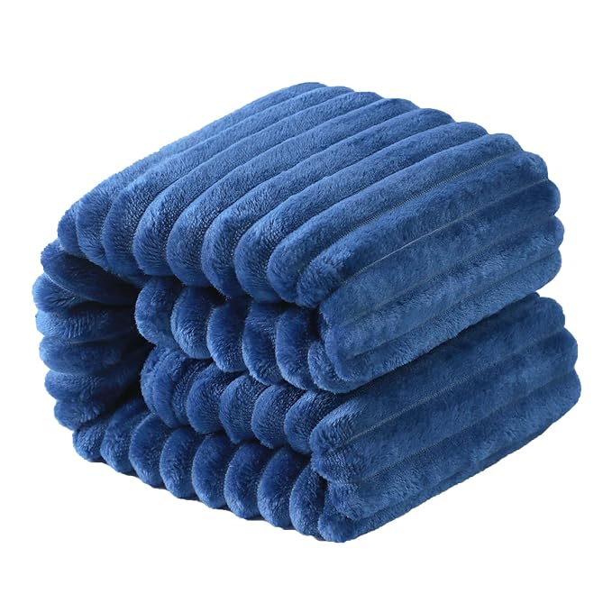 NTBAY Plush Flannel Twin Bed Blanket, 60x80 Inches Soft and Warm Lightweight Bed Blanket with Striped Texture for Couch, Sofa, All Seasons, Navy Blue