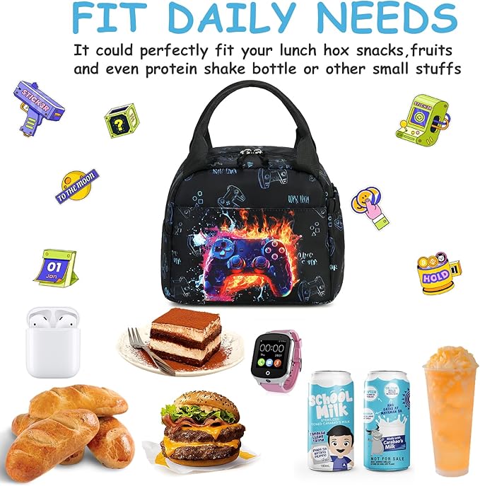 Lunch Box Kids Insulated Lunch Bag Large Reusable Leakproof Cooler Lunch Bags for Boys Girls School Travel Picnic (Gaming Controller)