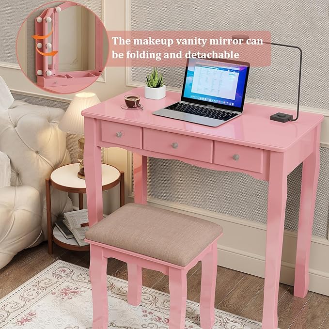 Vanity with Lights Girls Vanity Desk Set with Drawers Makeup Vanity Desk with Mirror and Lights Make Up Pink Makeup Vanity for Girls Table with Stool
