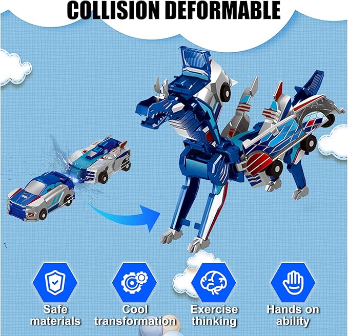 2-in-1 Collision Transformation Dinosaur Car Toy |Magnetic Cars Convertible Robot Toys|DinosaurToys for Kids 3-12 Ideal Christmas Birthday Gift for Boys (Blue)