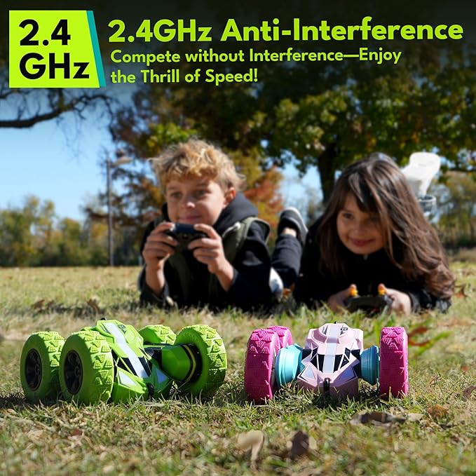 Threeking Remote Control Car RC Cars Toys for Boys Girls Ages 6-12, Upgraded USB-C Modular Batteries, 4WD Stunt Car with Breathing Soft Lights, Double-Sided Driving & 360° Flips, Presents Gifts, Pink