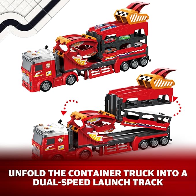3in1 Transport Car Carrier Truck Toy w/3 Layer Foldable Car Track, 12P Die Cast Car Speed Track, Semi Truck Toy Car Launch Race Track Playset, Preschool Cars Trucks Car Transporter Toy for Kid Ages 3+