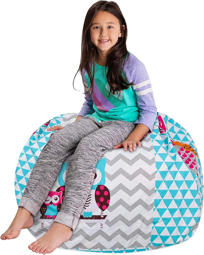 Posh Stuffable Kids Stuffed Animal Storage Bean Bag Chair Cover - Childrens Toy Organizer, Large-38 - Canvas Owls White and Blue