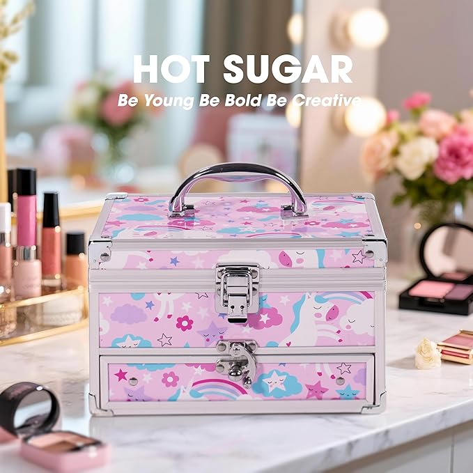 Hot Sugar Makeup Kit for Teens with Unicorn Train Case, Portable Beginner Makeup Gift Set, Makeup Beauty Kit for Girls