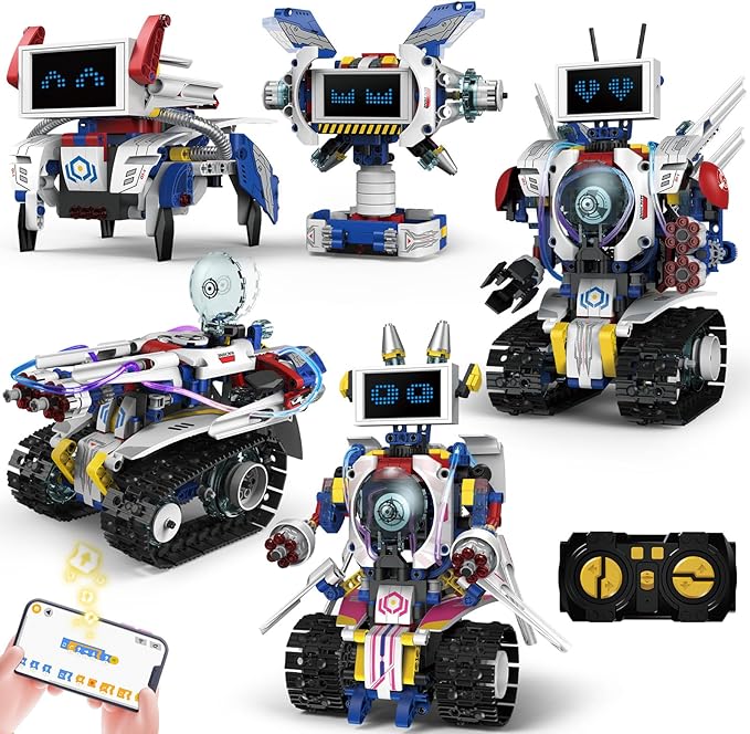 5-in-1 STEM Robot Building Kit for Kids Ages 6-16, Remote & App Controlled, Rechargeable Engineering Learning DIY Coding Toy, Educational Building Blocks Gift for Girls & Boys (603 PCS)