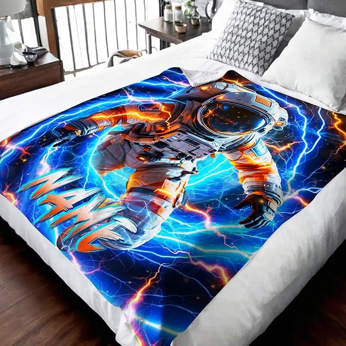 Personalized Astronaut Blanket for Boys Son, Throw Blankets with Custom Name for Kids Adults Astronaut Lovers 50x60 Inches Lightweight Soft Comfy Throw for Sofa Couch Bed Trip