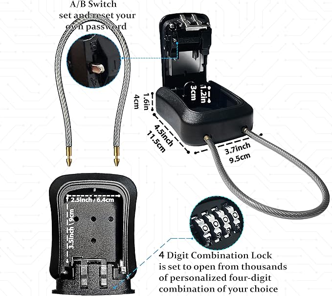 Iron Lock® Portable Key Lock Box and Wall Mount with Removable Cable Shackle Outdoor Waterproof 4 Digit Combination with Resettable Code with A B Switch Key Lockbox for Outside (Medium, Black)
