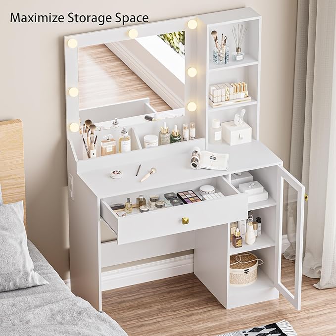 Small Vanity Desk with Mirror and Lights, Makeup Vanity Desk with Adjustable Brightness 3 Light Modes, RGB Storage Cabinet, Power Outlet, Drawer, Shelves, Vanity Table for Women Girls Bedroom