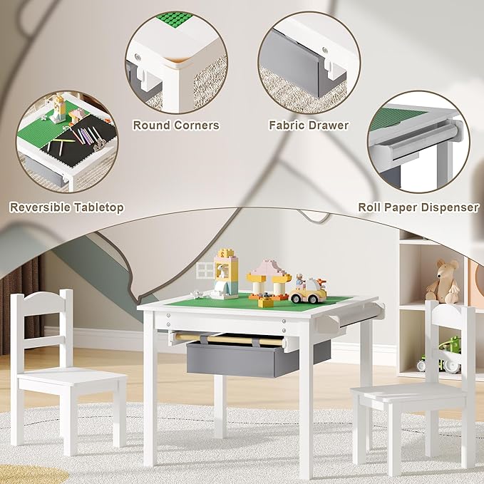 Treocho Wooden Kids Table and Chair Set with Reversible Tabletop, 2 in 1 Toddler Desk with Storage Drawers, Kids Activity Table with Blocks Building Baseplate for Playing, Reading, Drawing, White