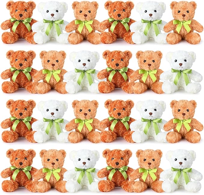 Hungdao 24 Pcs Bear Bulk Plush Stuffed Animals 10 Inch Cute Soft Stuffed Bear with Green Bow for Baby Shower Birthday Party Gift (Dark Brown, Light Brown, White)