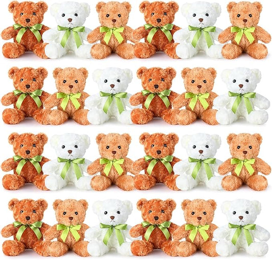 Hungdao 24 Pcs Bear Bulk Plush Stuffed Animals 10 Inch Cute Soft Stuffed Bear with Green Bow for Baby Shower Birthday Party Gift (Dark Brown, Light Brown, White)