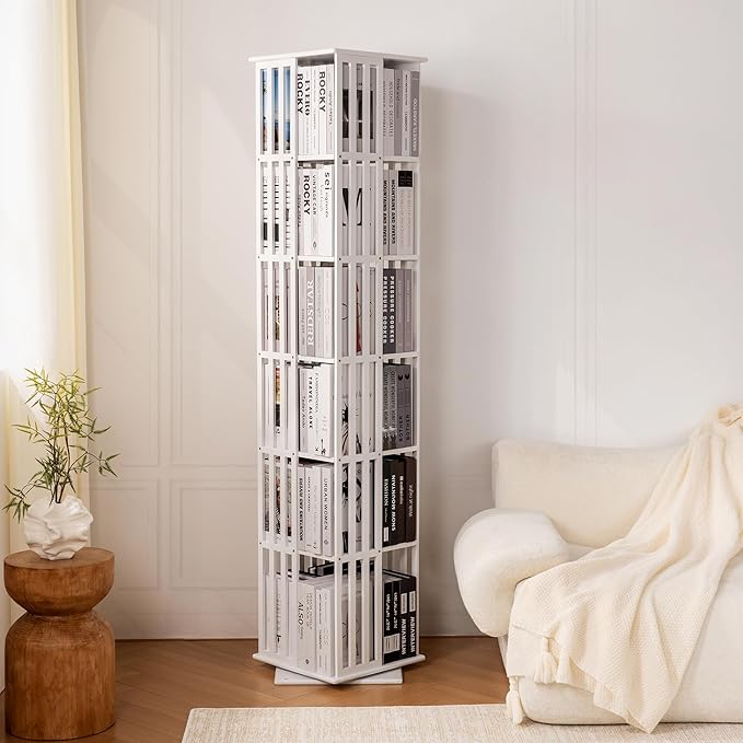 YOWOS Rotating Bookshelf Tower, 360 Display Spinning Bookcase, Bamboo Bookshelf Floor Standing Storage Rack, Wood Narrow Book Shelf Organizer for Kids&Adults (White, 6 Tier)