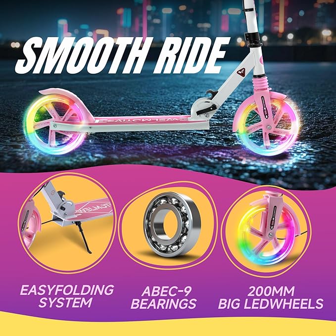 Kick Scooter for Kids Ages 8+ Teens & Adults, with Front handbrake and Rear Brake, and Adjustable Handlebars, Big Sturdy PU Flash Wheels Great Gift & Toy