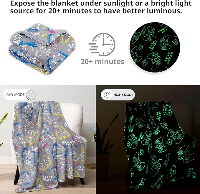 Wesan Gaming Gamer Glow in The Dark Blanket Boys Kids Teens Birthday Christmas Easter Age 1 to 13 Video Game Toys Fun Fluffy Plush Throw 50"x60"