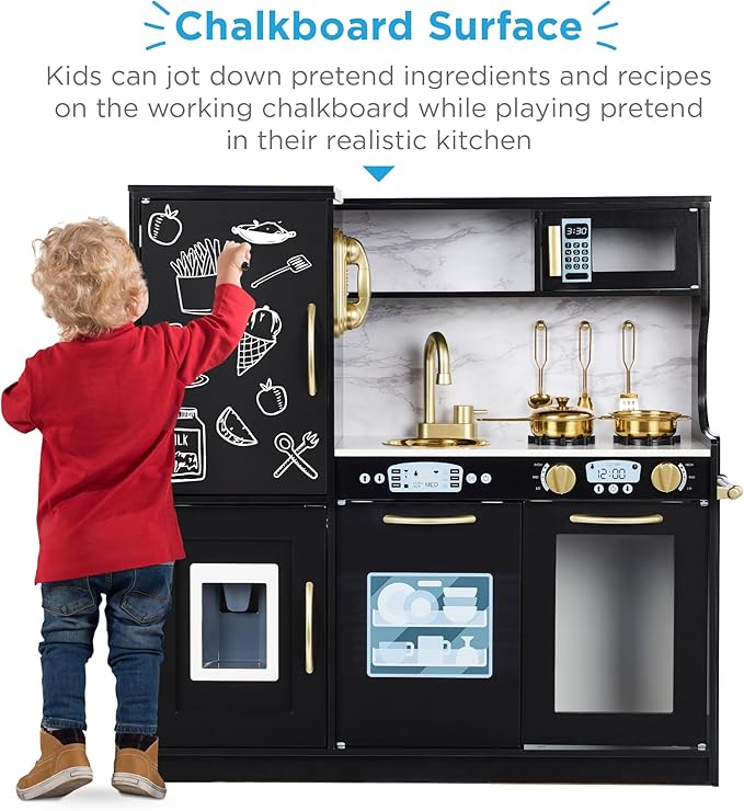 Best Choice Products Pretend Play Kitchen Wooden Toy Set for Kids w/Realistic Design, Telephone, Utensils, Oven, Microwave, Sink - Black