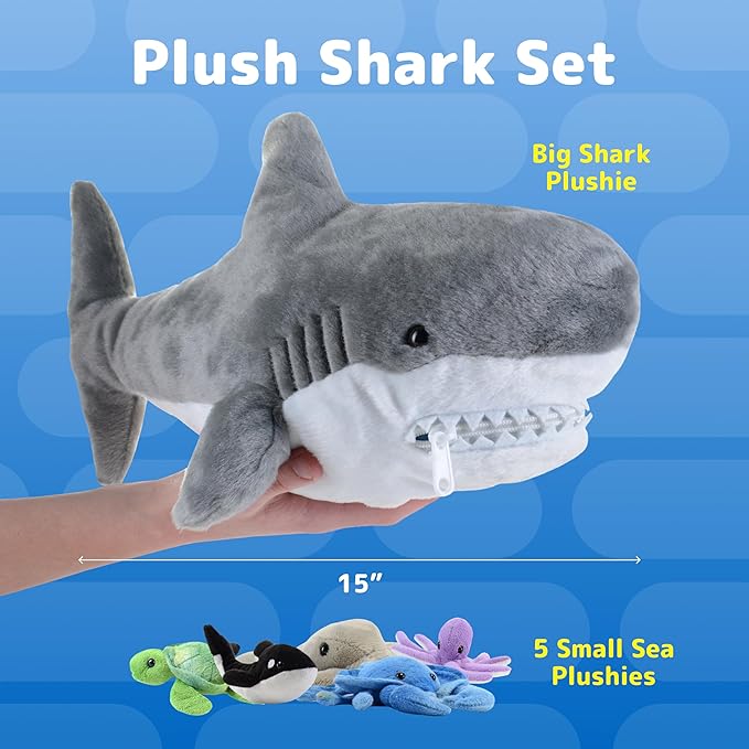 PREXTEX Plush Toy Shark Stuffed Animal with 5 Sea Animals - Shark Plush Toy with Turtle, Whale, Octopus, Stingray, Crab - Giant Stuffed Animals for Kids Aged 3 and Up - Fun Gift for Sea Animal Lovers
