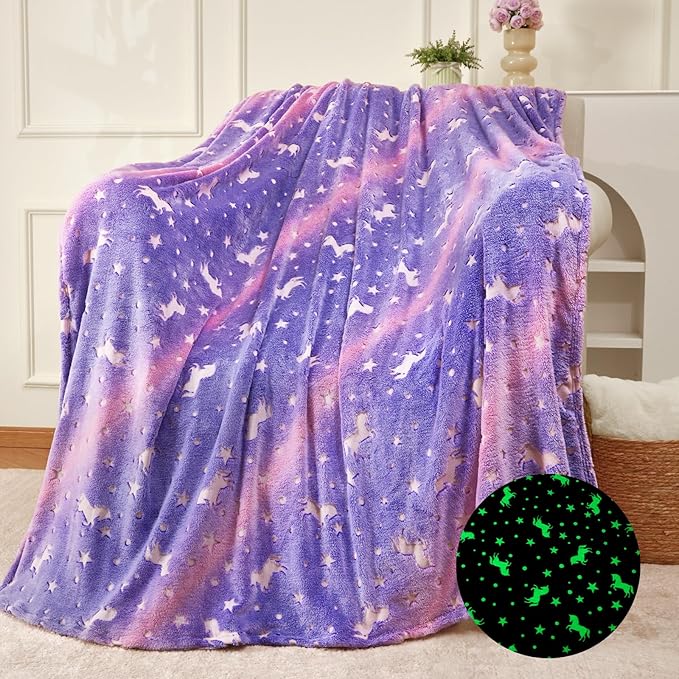 QSTEHEML Unicorns Glow in The Dark Blanket for Girls,Unicorn Gifts for Girls Age 3 4 5 6 7 8 9 10 11 12 Year Old, Soft Unicorns Purple Blanket - Christmas Birthday Bedroom Decor 50"×60"