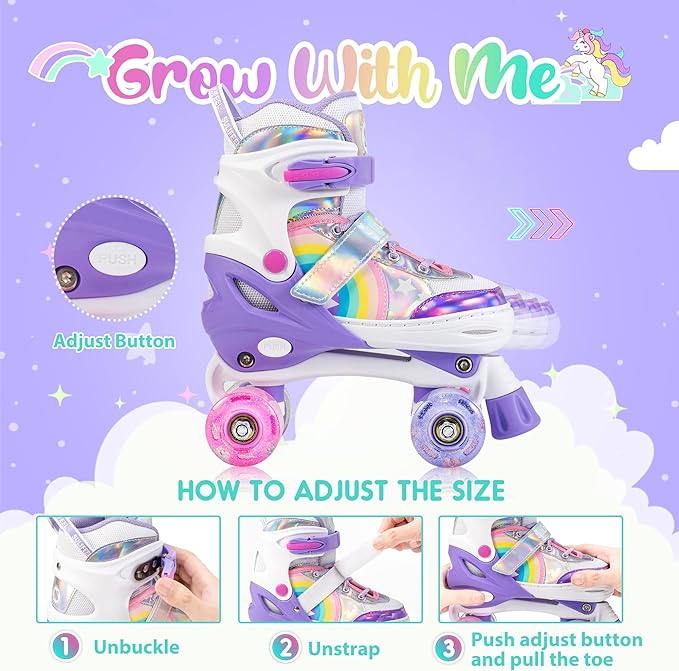 SULIFEEL Rainbow Unicorn 4 Size Adjustable Light up Roller Skates for Girls Boys for Kids