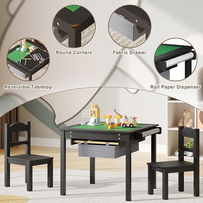 Treocho Wooden Kids Table and Chair Set with Reversible Tabletop, 2 in 1 Toddler Desk with Storage Drawers, Kids Activity Table with Blocks Building Baseplate for Playing, Reading, Drawing, Black