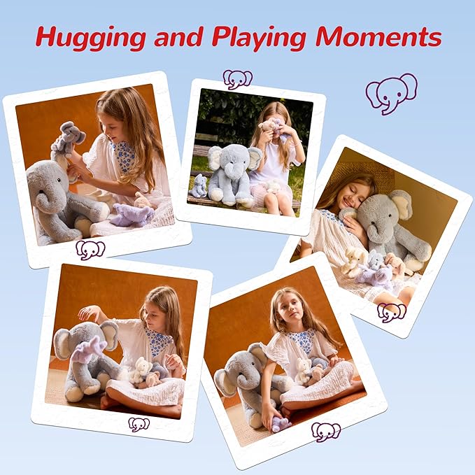 5 Pieces Elephant Stuffed Animals for Girls, 1 Mommy Elephant with 4 Babies Soft Plush Set Toys Gifts for Kids Children 3 4 5 6 7 8 9 Years, Christmas, Birthday, Children's Day