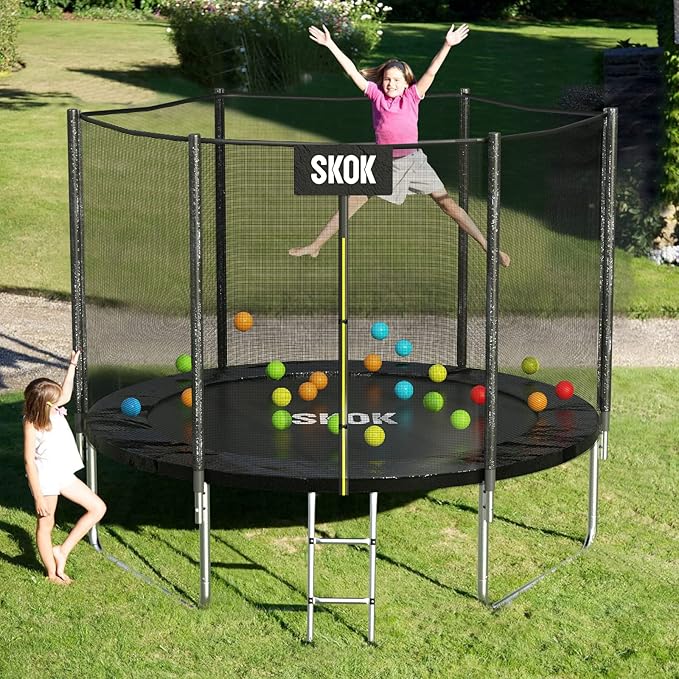 SKOK Trampoline 8FT 10FT 12FT 14FT 15FT Trampolines with Enclosure Net, 400LBS Outdoor Trampolines for Kids with Basketball Hoop-ASTM Approved Trampoline for Children and Adults with Ladder