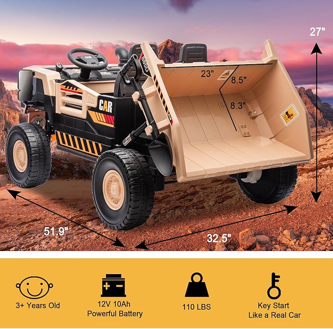 12V 10AH 2-Seater Kids Ride on Truck Electric Toy Car with Electric Dump Bed, Parents Remote Control Kids Car Tractor Toys Ride-on Dump Truck for Boys and Girls Ages 3+, Khaki