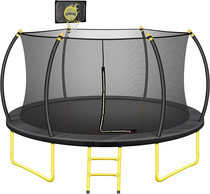 16FT Pumpkin Trampoline for Kids Adults, ASTM Approved Outdoor Recreational Trampoline with Basketball Hoop, Enclosure Net, Yellow