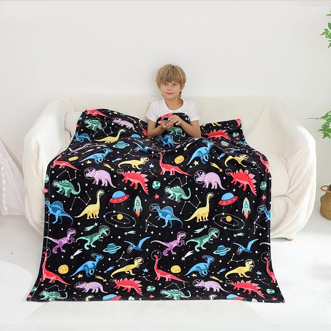 Softan Kids Throw Blanket for Girls & Boys, Warm Soft Toddler Fleece Blankets for Sofa Couch Bed， Cozy Fuzzy Plush Flannel Kids Throw Blanket for Daycare & School - Space Dinosaur 50x60 inches