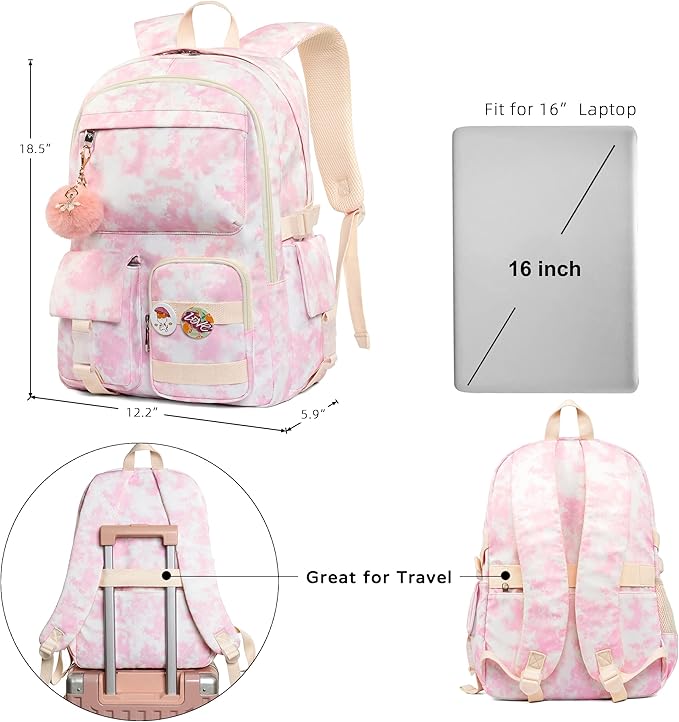 Hidds Laptop Backpacks 16 Inch School Bag College Backpack Anti Theft Travel Casual Daypack Bags Cute Bookbags Large Colorfull Carry on Back Pack for Teens Girls Women Students (Pink-1)