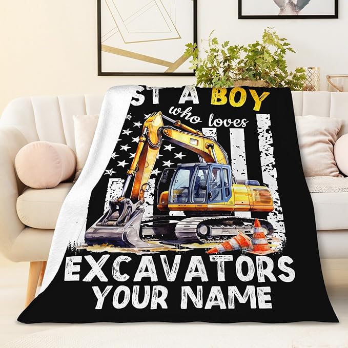 Personalized Excavator Blanket Gifts for Boys Men, Cute Car Throw Blanket for Kids Adults Construction Truck Lovers, Custom 60x80 Inches Black Soft Blankets for Sofa Couch Bed