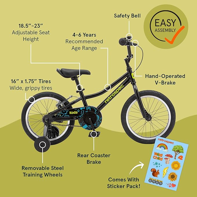 Retrospec Koda Plus Kids Bike for Boys & Girls Ages 4-6 Years - 16" Children's Bicycle, Adjustable Seat & Handlebars