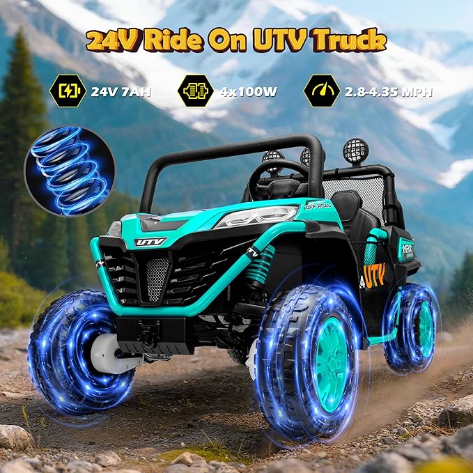 2 Seater 24V Ride On Toys for Big Kids, Electric UTV Car with Remote Control, 4-Wheeler Suspension, Soft Start, Bluetooth, MP3, Lights, Ride on Truck Kids 3 Years+, Green