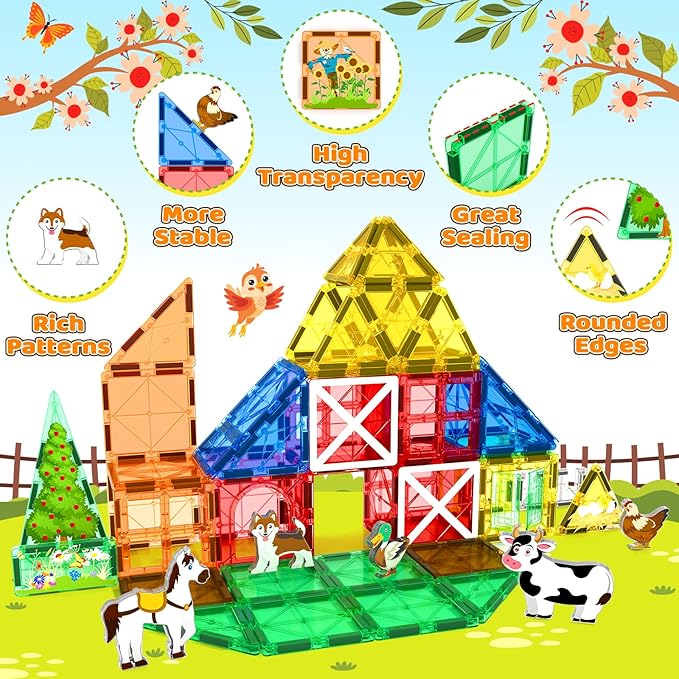 Magnetic Tiles with Farm Animals, Magnetic Blocks Building Toys for 3+ Year Old Toddler, Construction STEM Magnet Toys Gift for Kids, Boys and Girls 3 4 5 6 7 8+ Year Old