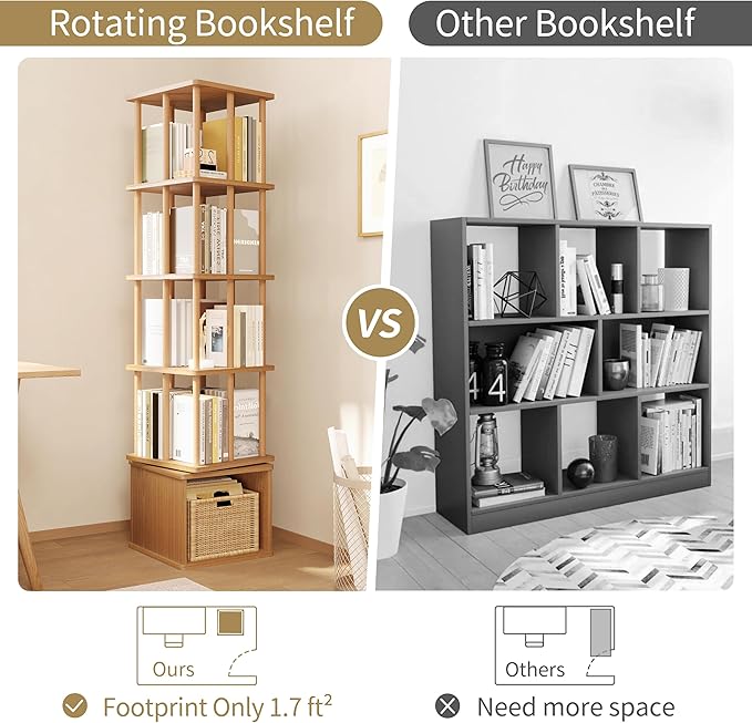 IOTXY 3-Tier Rotating Bookshelf Tower - Beech Wood Frame Spinning Bookcase with Storage Base, Compact Freestanding Revolving Shelf Organizer, Oak