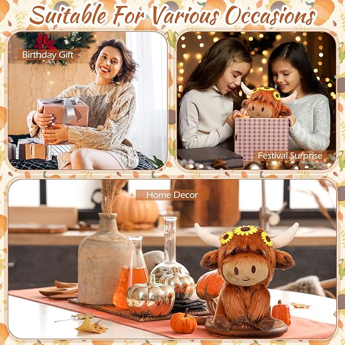 1 Pcs Fall Thanksgiving Highland Cows Stuffed Fall Brown Cute Sunflower Animal Stuff Fluffy Cattle Dolls Farm Plush Toy for Men and Women Autumn Party Gift Decoration