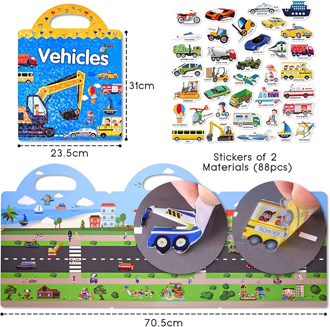 ASTARON 88 Pcs Vehicle Sticker Book for Toddlers, Reusable 3D Sticker Books Road Trip Activities Car Airplane Activities Travel Toys for Kids(2-6 Age)