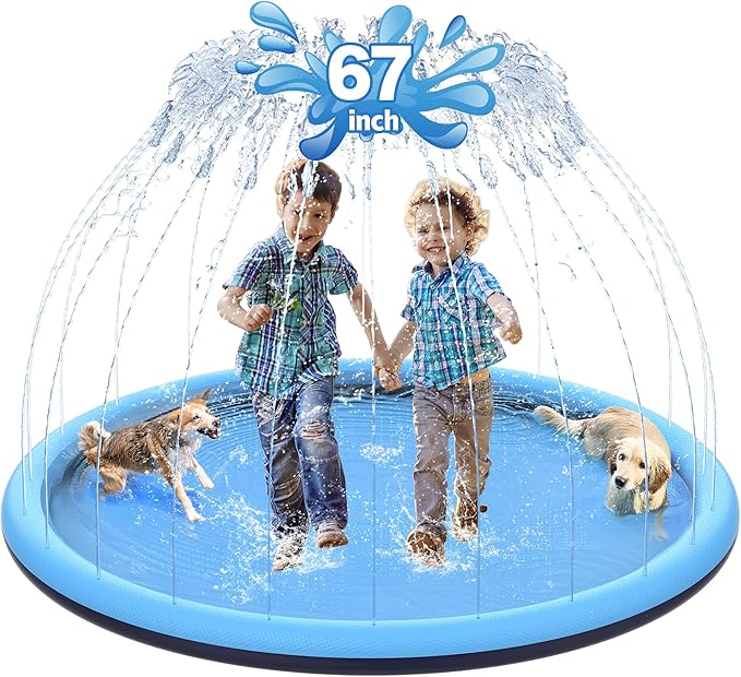 67 inch Non-Slip Splash Pad for Kids and Dog, Thicken Sprinkler Pool Summer Outdoor Water Toys, Extra Large Backyard Wading Pool for Children Boys & Girls or Pet Dog (Blue)