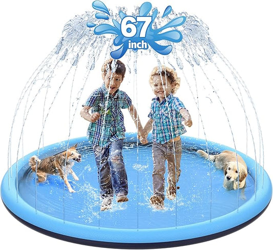 67 inch Non-Slip Splash Pad for Kids and Dog, Thicken Sprinkler Pool Summer Outdoor Water Toys, Extra Large Backyard Wading Pool for Children Boys & Girls or Pet Dog (Blue)