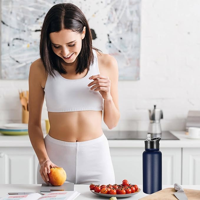 VEGOND 32 oz Insulated Water Bottle Stainless Steel Metal Water Bottles with Leak Proof Straw Lid & Spout Lid, Wide Mouth Double Walled Vacuum Travel Sports Bottle, Navy Blue