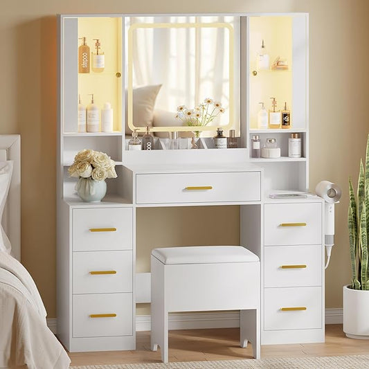 43'' Makeup Vanity with Mirror and Lights, White Vanity Desk with 7 Drawers & Charging Station, 3 Lighting Modes & Adjustable Brightness, Cushioned Stool, Dressing Table for Girls, Women, Teens