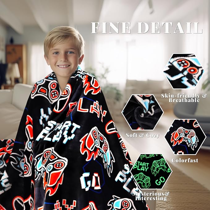 Glow in The Dark Gaming Blanket - Gamer Gifts for Boys & Teenagers, Game Controller Throw Blanket for Christmas & Birthday