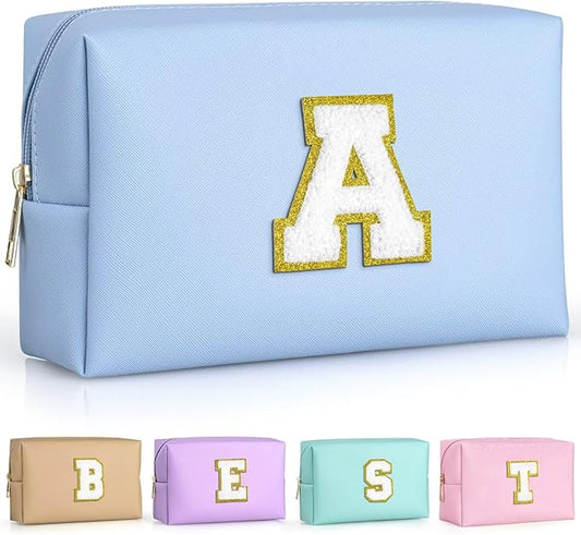 TOPEAST Birthday Gifts for Women, Personalized Initial Makeup Pouch Leather Waterproof Cosmetic Bag Birthday Gifts for Women (Sky Blue A)