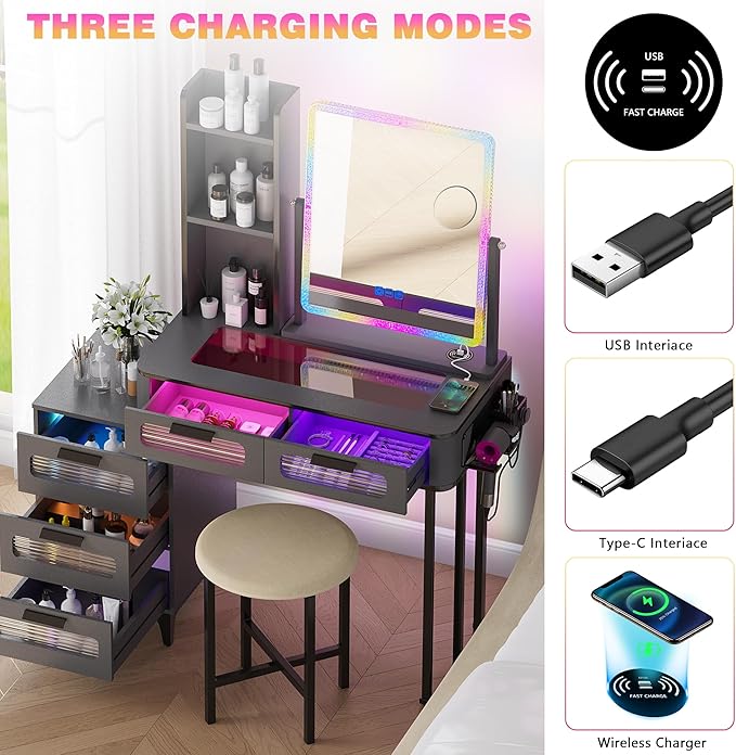 HNEBC Vanity with LED Mirror, Glass Top Dresser with Wireless Charging Station for Bedroom, Small Makeup Desk with 6 Drawers, Girls Dressing Table with Auto RGB Lighted for Christmas (5078-Grey)