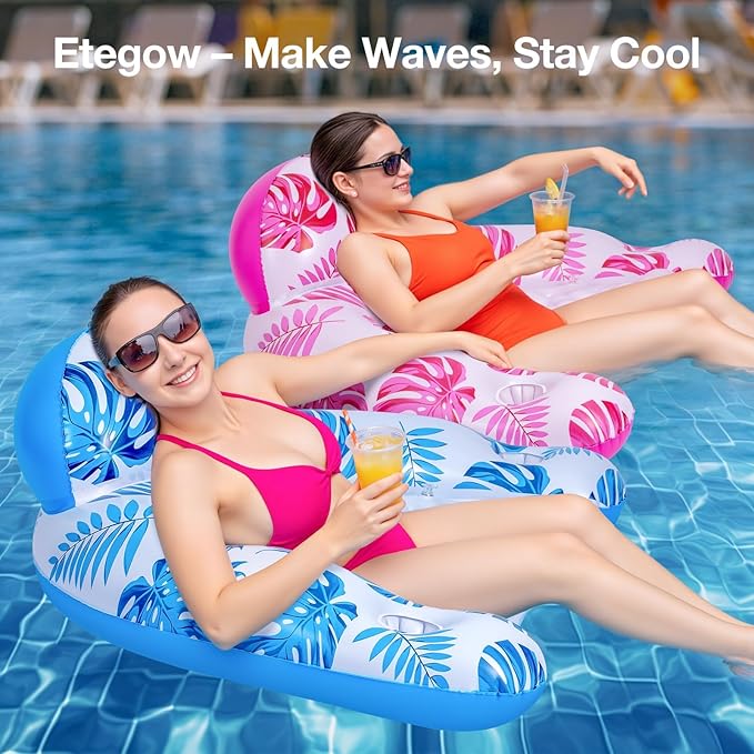 [2025 New Upgraded] Pool Floats for Adult -Floating Lounge Chairs,Inflatable Pool Floats with Cup Holders 2 Repair Patch Suit for Swimming Pools, Beach, Pool Toys,Backyard Party,Lakes（2 Packs
