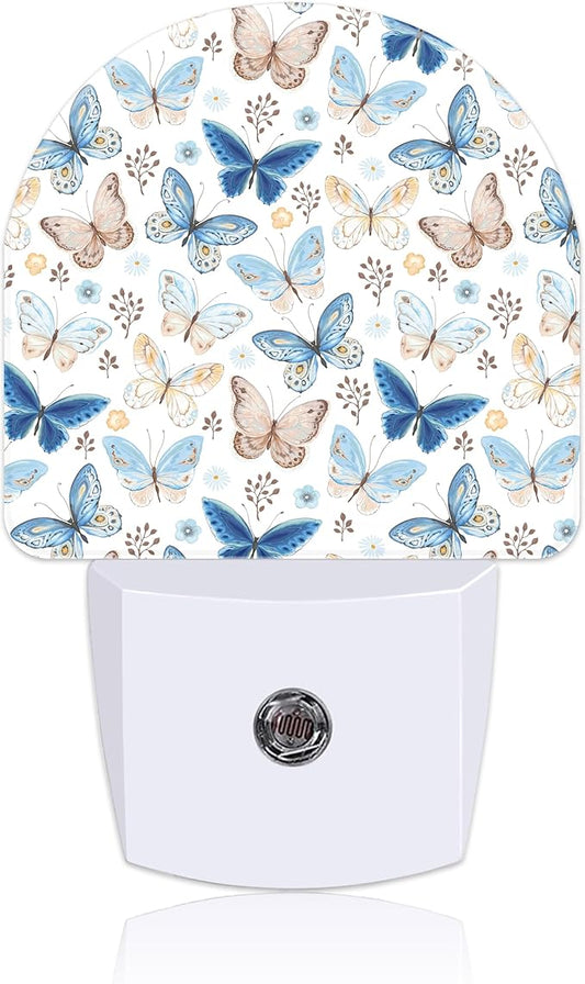 Plug in Night Lights Vintage Blue and Brown Butterflies Nightlight Plug Into Wall Dusk to Dawn Sensor LED Night Light for Kid Girls Boys Room Decor,Hallway,Kitchen,Bathroom,Nursery,Stairs